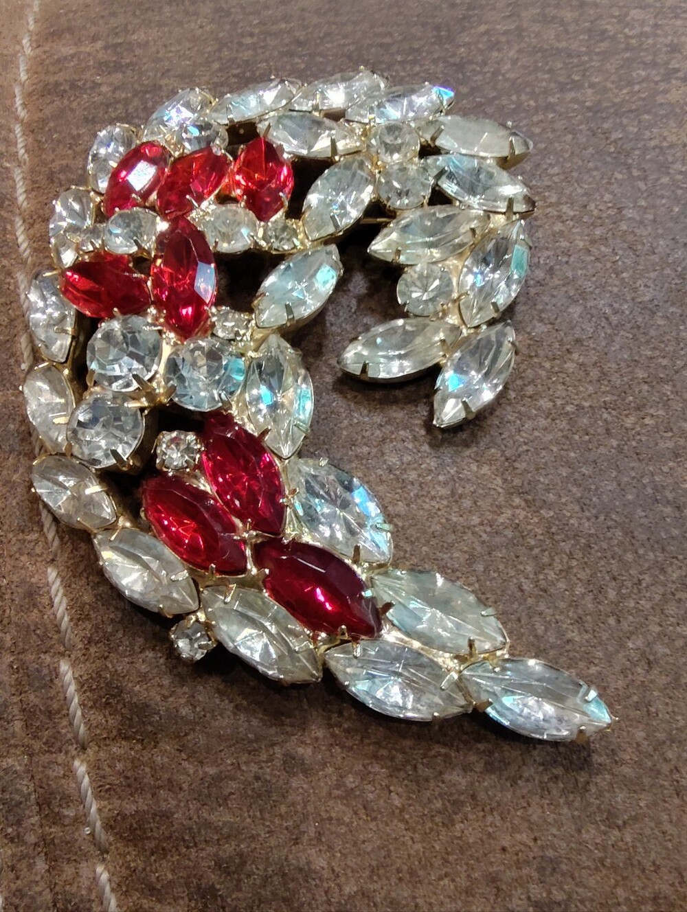 Juliana Red and Clear Crystal Statement Brooch 3.5 " x 2.5 " 1950s to 60s